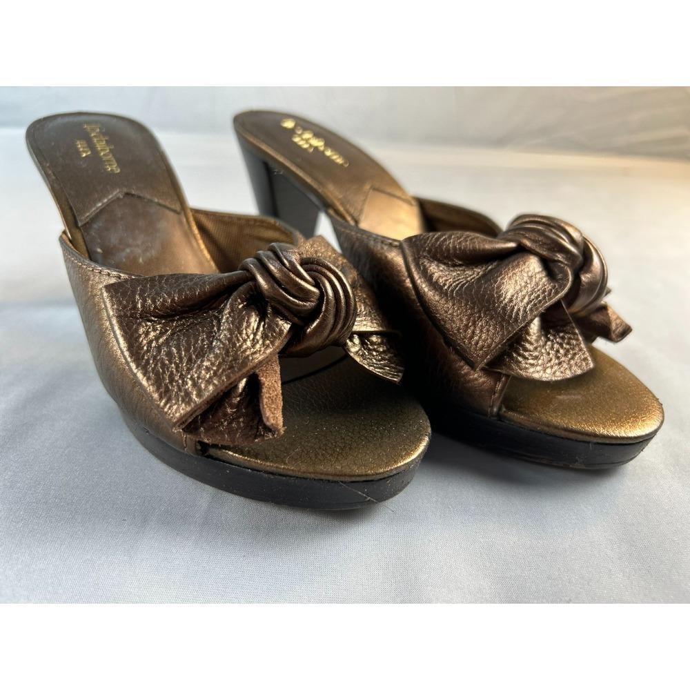 Liz Claiborne Flex Women Mule Heels Bronze Bow Leather‎ Classic Chic 6 1/2